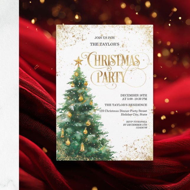 Invitation Arbre de Noël élégant à l'aquarelle (Elegant watercolor Christmas tree invitation featuring a hand-painted tree  with delicate ornaments)
