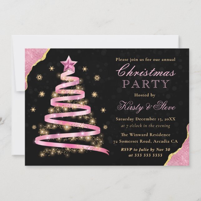 Invitation Arbre de Noël élégant Ruban Rose Fête de Noël (Devant)
