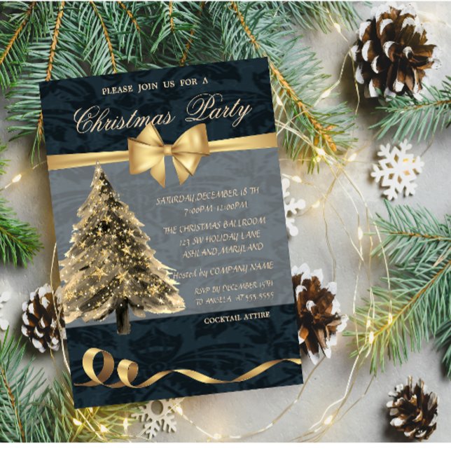 Invitation Arbre de Noël Elegant Stars, Nœud, Fête de Noël (Créateur téléchargé)