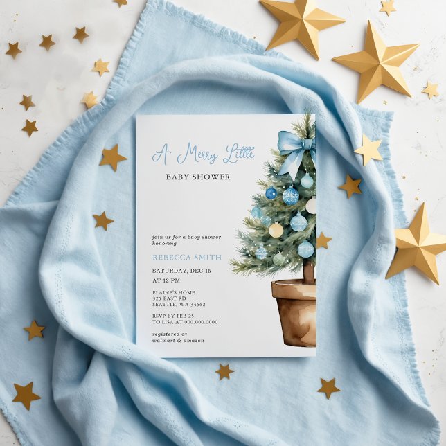 Invitation Arbre de Noël en Bow bleu Joyeux petit Baby shower (Blue Bow Christmas Tree Merry Little Baby Shower Invitation)