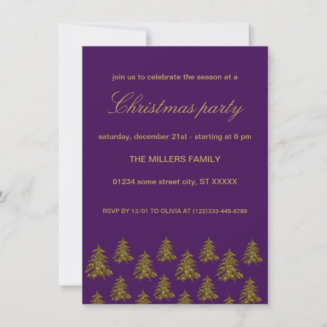 Invitation Arbre de Noël en or brillant à Noël violet (Devant)