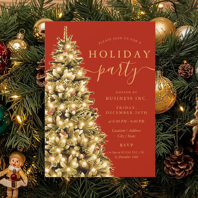 Invitation Arbre de Noël en or formel Fêtes de fin d'année d' (Formal Gold Xmas Tree Corporate Holiday Ruby Red Invitation)