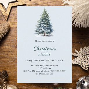 Invitation Arbre de Noël enneigé bleu dessiné main