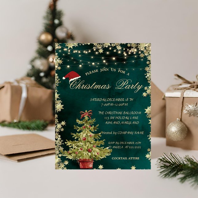Invitation Arbre de Noël, Étoiles Vertes Soirée d'entreprise  (Créateur téléchargé)