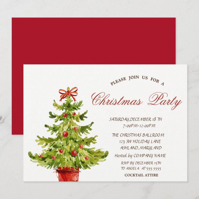 Invitation Arbre de Noël, Fête de Noël d'entreprise Rouge (Devant / Derrière)