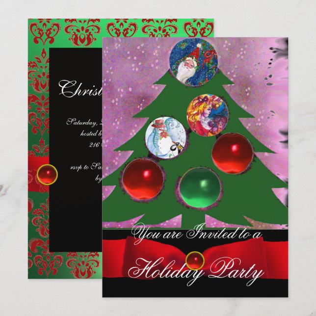 Invitation Arbre de Noël, Fête de Noël Rouge Vert Damas (Devant / Derrière)