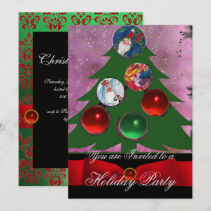 Invitation Arbre de Noël, Fête de Noël Rouge Vert Damas