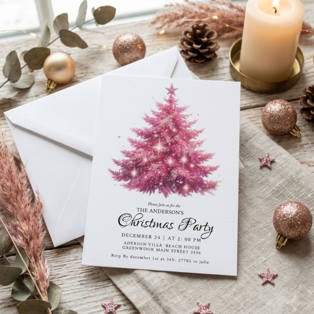 Invitation Arbre de Noël Hiver Rose Élégant (Créateur téléchargé)
