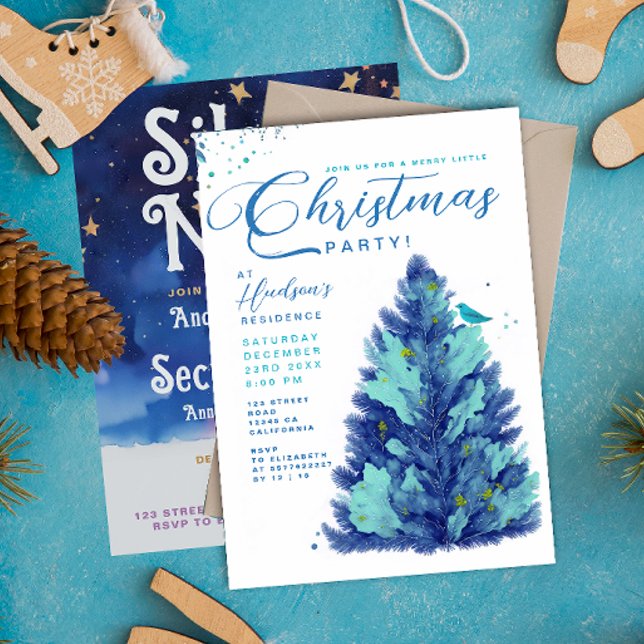 Invitation Arbre de Noël Moderne Bleu Turquoise Fête de Noël  (Créateur téléchargé)