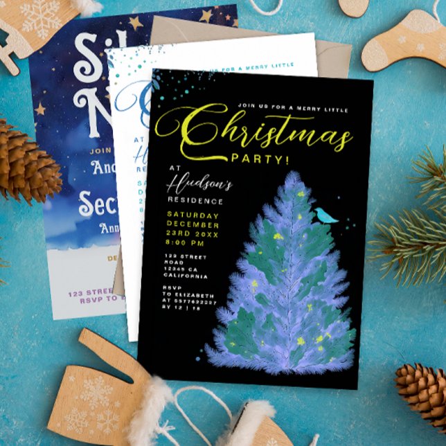 Invitation Arbre de Noël Moderne Noir et Bleu pour une Soirée (Créateur téléchargé)