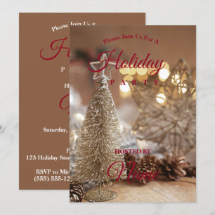 Invitation Arbre de Noël Or, Étoiles Glitterie