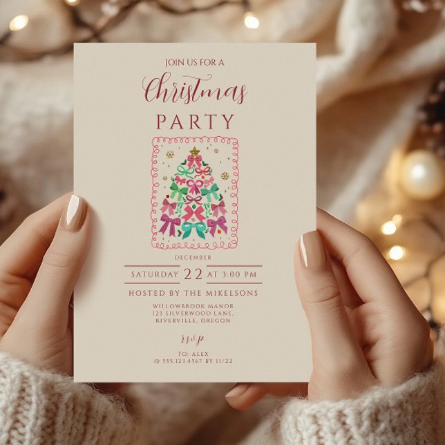 Invitation Arbre de Noël Rose Ruban Coquette (Créateur téléchargé)