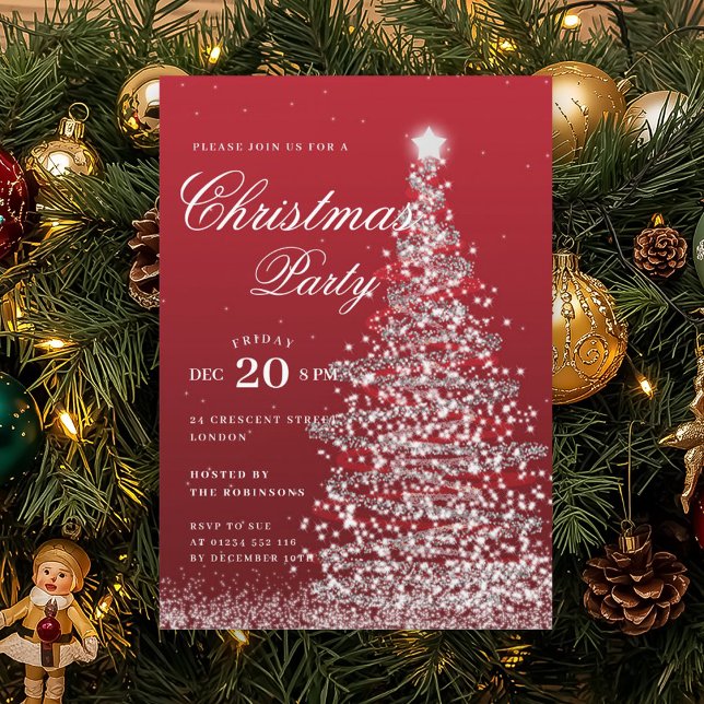 Invitation Arbre de Noël Rouge Argent Hiver Fête de Noël  (Silver Red Winter Christmas Tree Holiday Party Invitation)