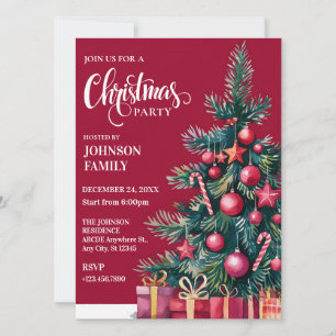 Invitation Arbre de Noël rouge avec et cadeaux aquarelle