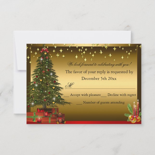 Invitation Arbre de Noël Rouge Vert or Noël Vacances RSVP (Devant)