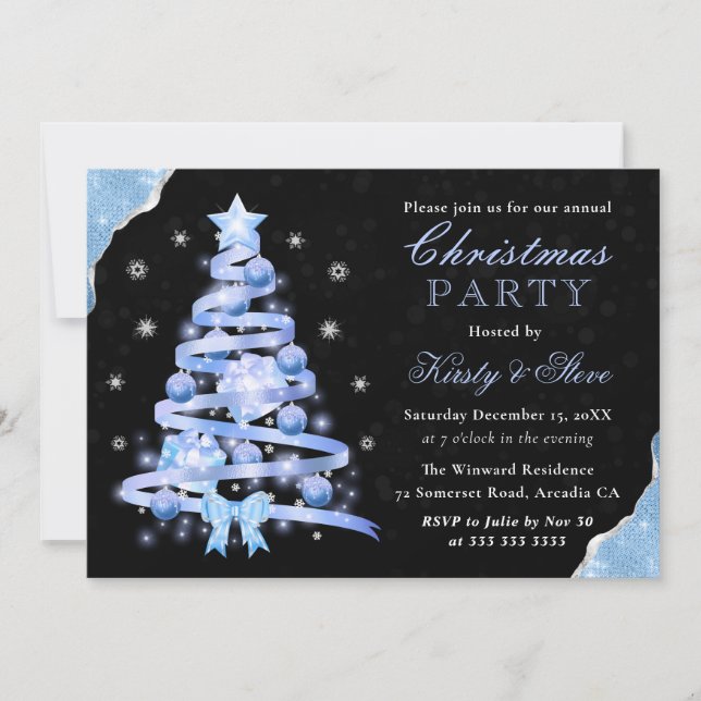 Invitation Arbre de Noël Ruban Bleu Clair Élégant pour Fête d (Devant)