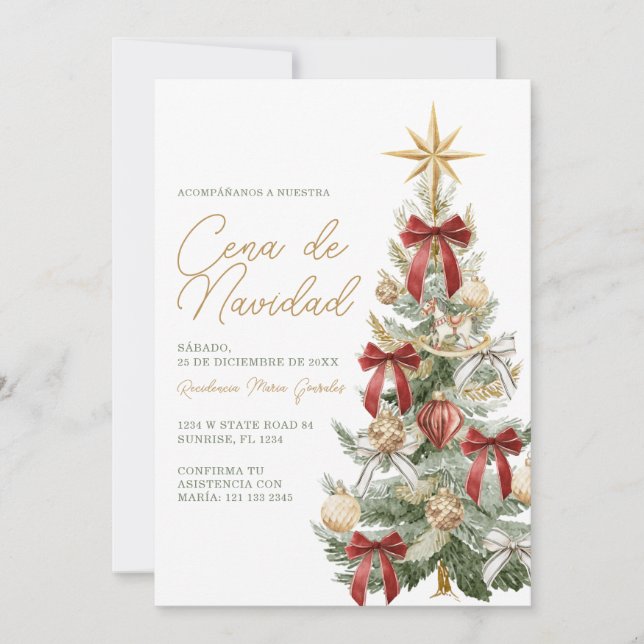 Invitation Arbre de Noël Ruban Rouge Cena De Navidad Dîner (Devant)
