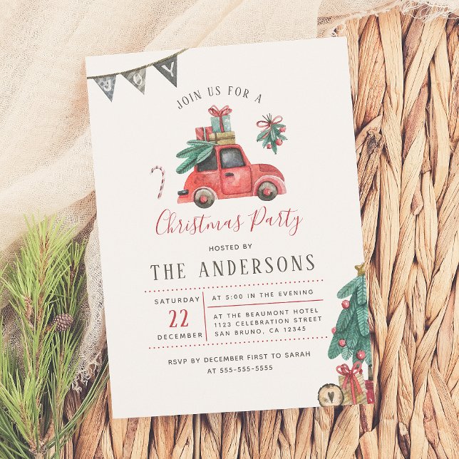 Invitation Arbre de Noël rustique aquarelle fête de vacances  (Créateur téléchargé)