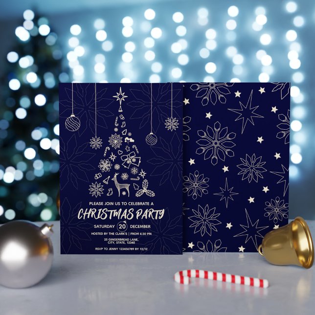 Invitation Arbre de Noël sobre bleu foncé et or élégant (Simple Dark Blue and Gold Elegant Christmas Tree Invitation)
