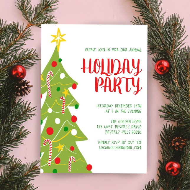 Invitation Arbre de Noël Tiré main Fête de Noël PERSONNALISÉ (Christmas Tree Hand Drawn Holiday Party CUSTOM Invitation
)