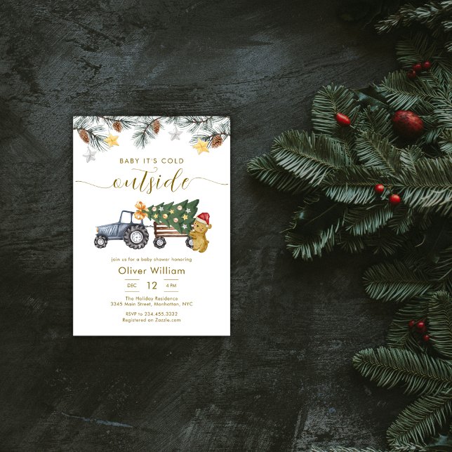 Invitation Arbre de Noël Tracteur Ours Fête Prénatale Hiver (Winter Christmas Tree Tractor Bear Baby Shower Invitation)