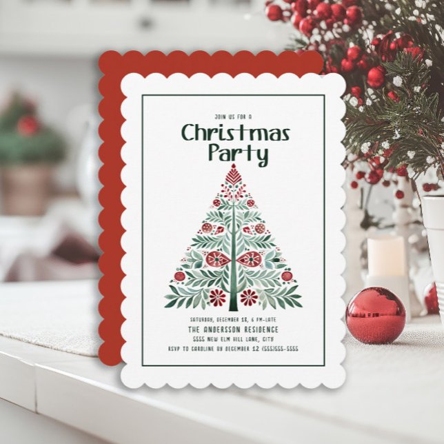 Invitation Arbre de Noël vert rouge festonné pour la fête de  (Red and green Scandinavian tree Christmas party invitation)