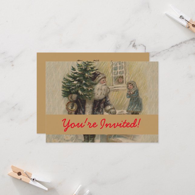 Invitation Arbre de Noël vintage Père Noël (Devant/Arrière en situation)