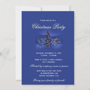 Invitation Arbre de Noël vintage soirée nuit enneigée bleue