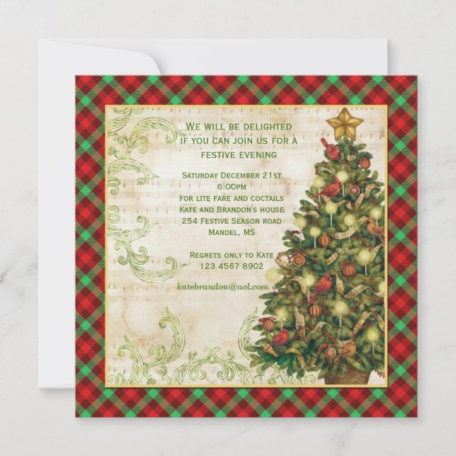 Invitation Arbre de Noël vintage, tourbillons, écossais (Devant)