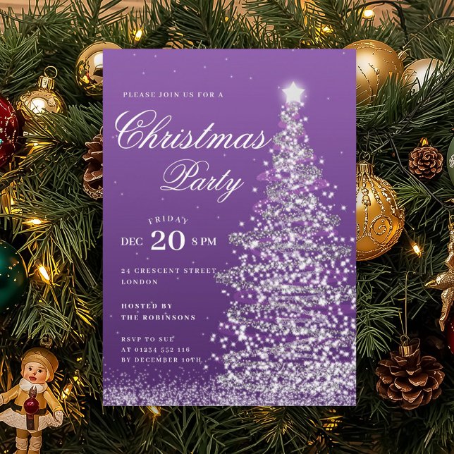 Invitation Arbre de Noël Violet Hiver Fête de Vacances  (Purple Winter Christmas Tree Holiday Party Invitation)