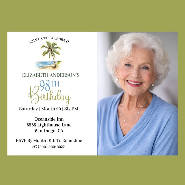 Invitation Arbre de palmier de la plage Photo du 98e annivers (Elegant coastal 98th birthday photo invitation with tropical palm tree beach design and ocean theme )
