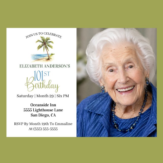 Invitation Arbre de palmier de plage 101e anniversaire Photo (Elegant coastal 101st birthday photo invitation with tropical palm tree beach design )