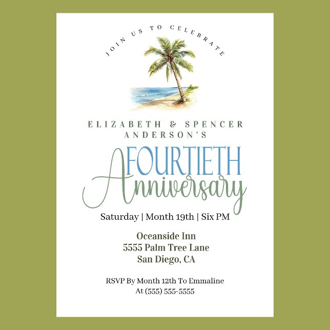 Invitation Arbre de palmier de plage 40e anniversaire de mari (Tropical beach palm tree 40th wedding anniversary invitation coastal seaside theme
)