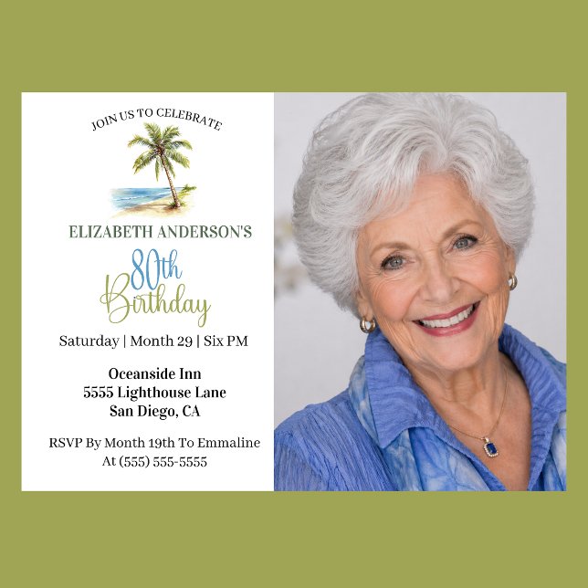 Invitation Arbre de palmier de plage 80e anniversaire Photo (Elegant coastal 80th birthday photo invitation with tropical palm tree beach design and ocean theme )