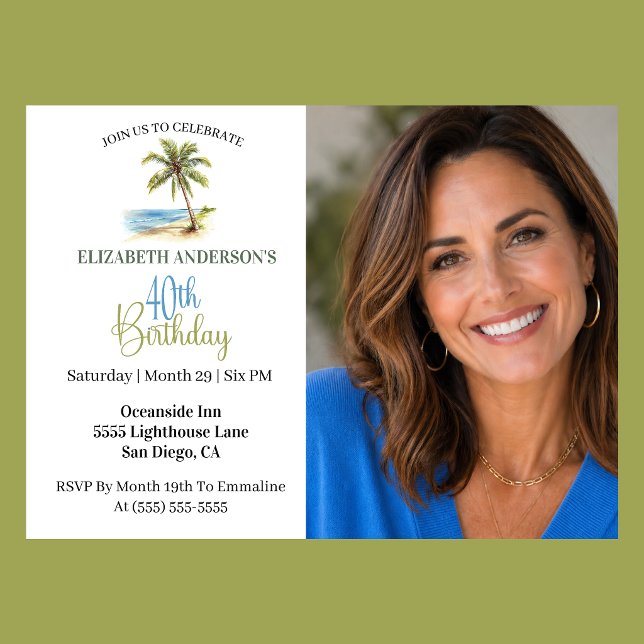 Invitation Arbre de palmier de plage Photo 40e anniversaire (Tropical beach palm tree 40th birthday photo invitation for woman coastal party
)
