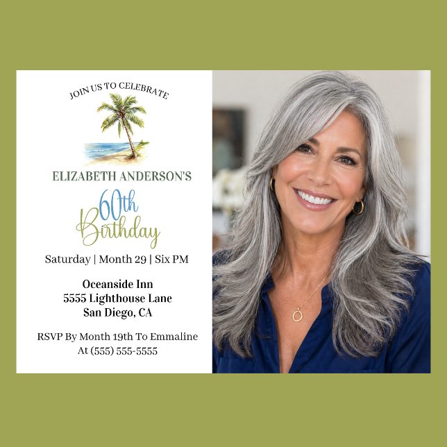 Invitation Arbre de palmier de plage Photo 60e anniversaire (Elegant coastal 60th birthday photo invitation with tropical palm tree beach design and ocean theme )
