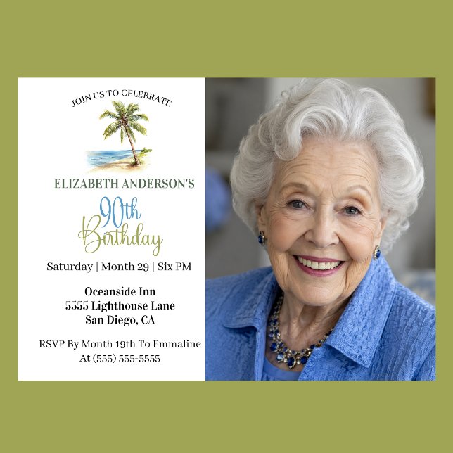 Invitation Arbre de palmier de plage Photo 90e anniversaire (Elegant coastal 90th birthday photo invitation with tropical palm tree beach design and ocean theme )