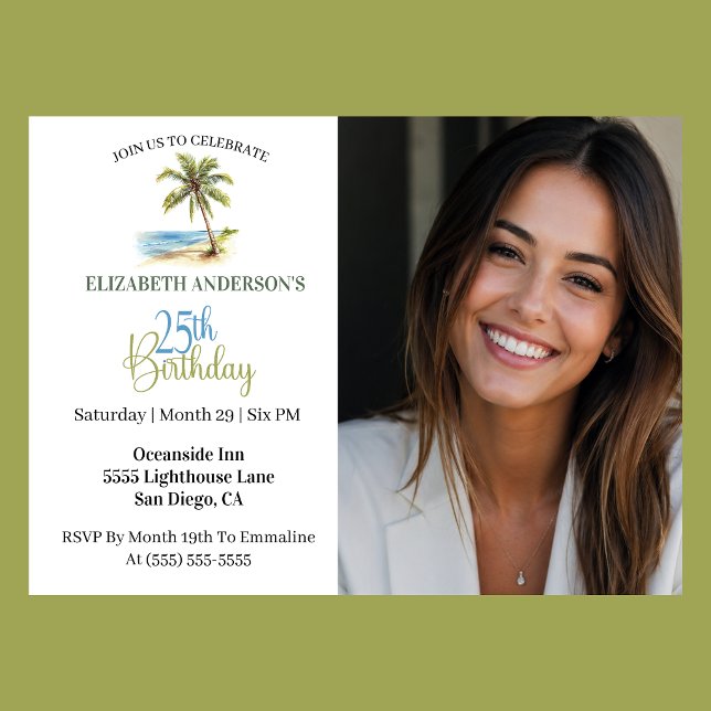 Invitation Arbre de palmier de plage Photo de 25e anniversair (Tropical beach palm tree 25th birthday photo invitation for woman coastal party
)