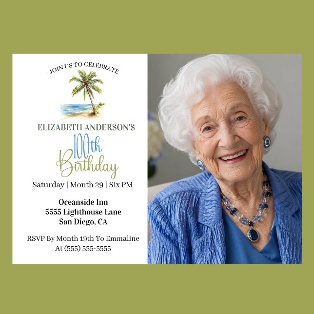 Invitation Arbre de palmier de plage Photo du 100e anniversai (Elegant coastal 100th birthday photo invitation with tropical palm tree beach design )