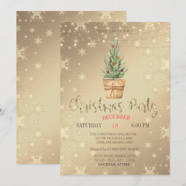 Invitation Arbre de pin à l'aquarelle, fête de Noël en or (Devant / Derrière)