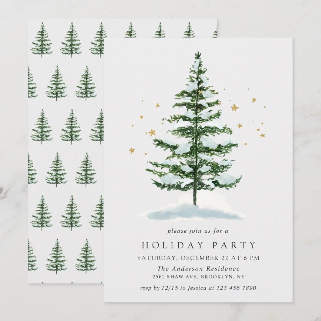 Invitation Arbre de pin à l'aquarelle Noël Fêtes (Devant / Derrière)