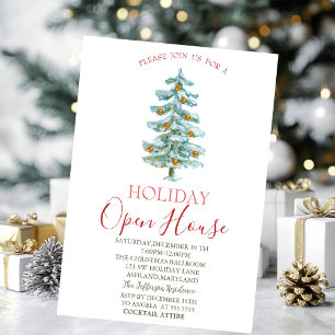 Invitation Arbre de pin aquarelle, Boules dorées, Ouverture d