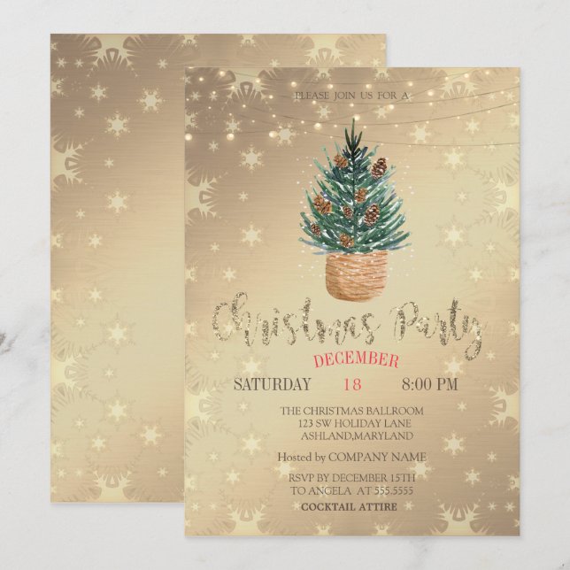 Invitation Arbre de pin aquarelle,Invitation de fête de Noël  (Devant / Derrière)