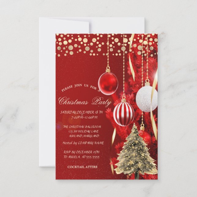 Invitation Arbre de pin d'or, Points, Balls Red Company Party (Devant)
