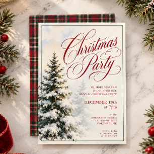 Invitation Arbre de pin enneigé rouge écriture tartan plaid f