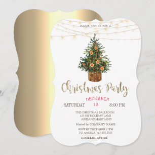 Invitation Arbre de pin, Orange, Lumières dorées Fête de Noël