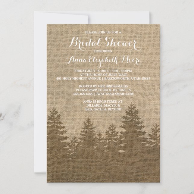 Invitation Arbre de pin rustique toile de jute Fête de mariag (Devant)
