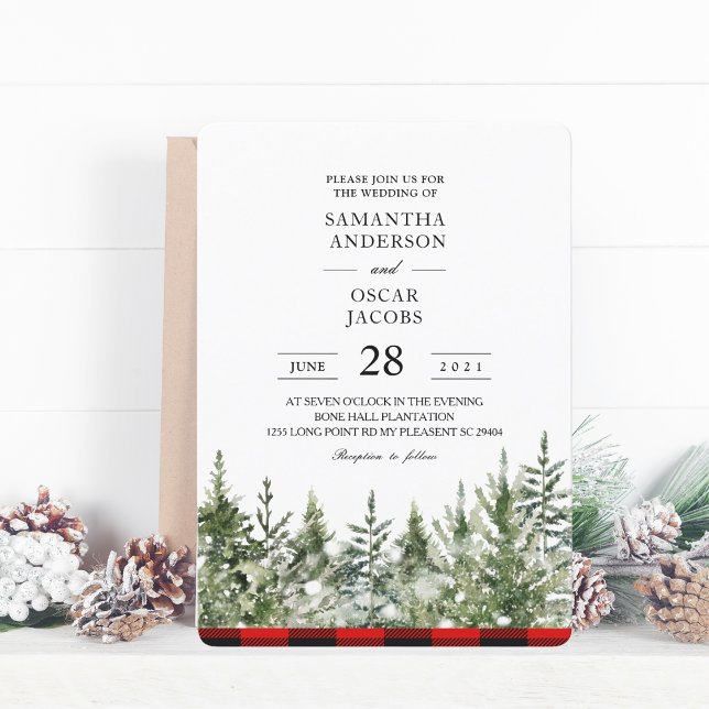 Invitation Arbre de pin vert aquarelle  & carreau de bœuf rou (Créateur téléchargé)