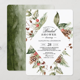 Invitation Arbre de pin vert d'hiver à l'aquarelle et pomme d