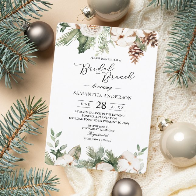 Invitation Arbre de pin vert d'hiver à l'aquarelle & fleurs b (Créateur téléchargé)